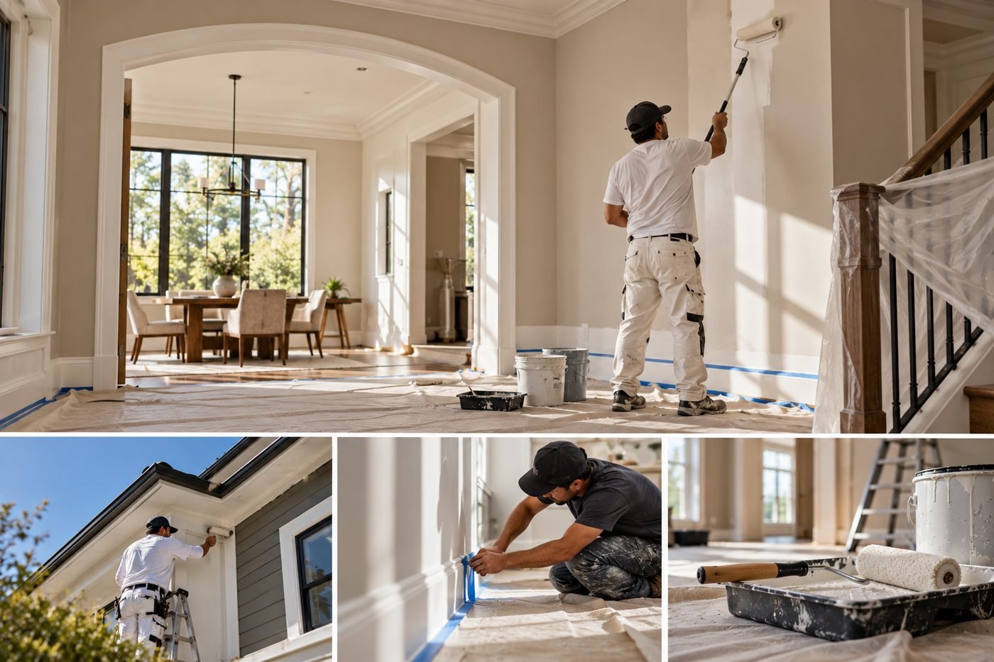 Painting services collage — interior, exterior and prep work